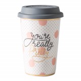 Cumpara ieftin Cana ceramica de voiaj Pufo pentru cafea cu capac din silicon, 415 ml, model You&#039;re pretty