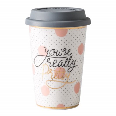 Cana ceramica de voiaj Pufo pentru cafea cu capac din silicon, 415 ml, model You&amp;#039;re pretty foto