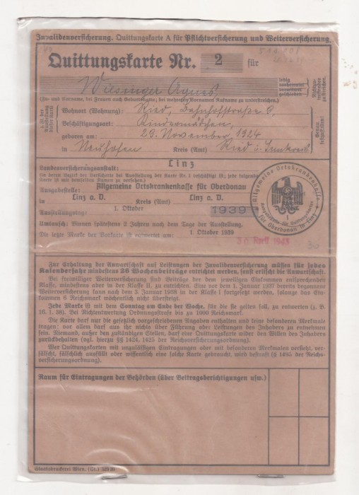 Asigurare de invaliditate , chitanta nr2 . Austria - Linz anul 1939