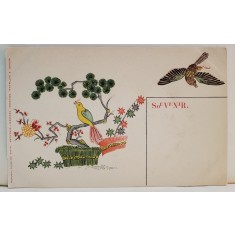 FLORI SI PASARI , COMPOZITIE ORIENTALA , CROMOLITOGRAFIE , CARTE POSTALA , CLASICA