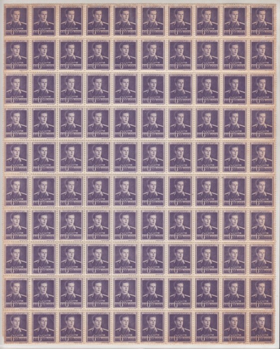 ROMANIA 1943/45 LP 154 REGELE MIHAI I UZUALE FILIGRAN MM VALOAREA 6,50 LEI LILA COALA 100 TIMBRE STARE CONFORM FOTO TIMBRUL DIN COLT STANGA JOS DEFECT