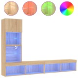 Cumpara ieftin Unitati de perete TV cu LED-uri, 4 piese, stejar sonoma, lemn