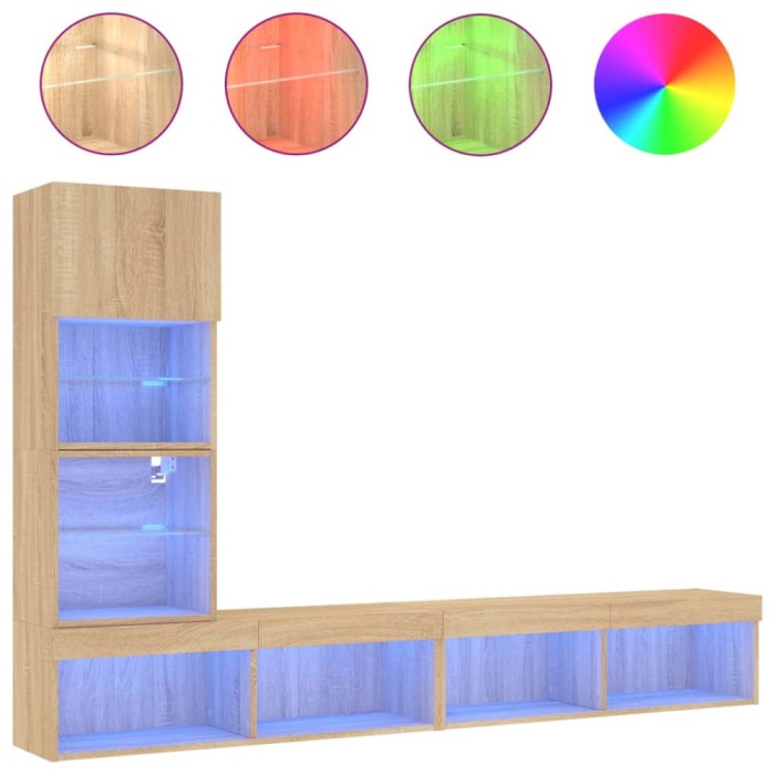 Unitati de perete TV cu LED-uri, 4 piese, stejar sonoma, lemn