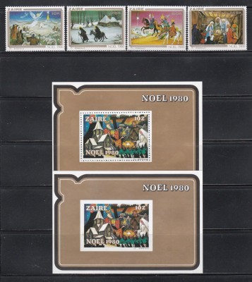 Zair 1980 - Crăciun - Picturi de Oscar Bonnevalle, Serie + Colita DT + Colita NDT, SET COMPLET, MNH foto