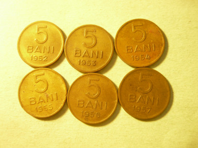 Set 6 Monede 5 Bani 1952-1957 , cal. f. buna foto