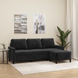 VidaXL Canapea cu 3 locuri și taburet, negru, 180 cm, catifea 3201060