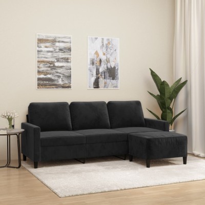 vidaXL Canapea cu 3 locuri și taburet, negru, 180 cm, catifea 3201060 foto