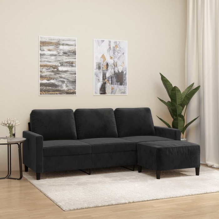 vidaXL Canapea cu 3 locuri și taburet, negru, 180 cm, catifea 3201060