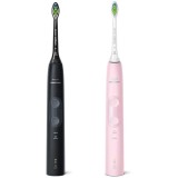 Set 2 Periute de dinti electrice PHILIPS Sonicare Protective Clean 4500 HX6830/35, 2 programe, 62000 miscari/min, 2 capete, negru/roz