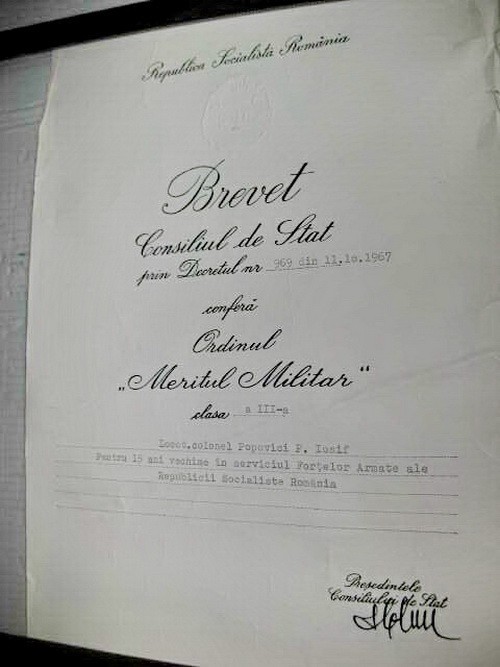 B304-I-Brevet N. Ceausescu 1967-Meritul militar CL 3 A. Con. Sec. Statului.
