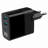 ALIMENTATOR retea 220V GEMBIRD, universal, 1 x USB Type-C D 30W, 2 x USB-A 3.0 QC 18W, LCD display, tehnologie GaN, negru, &quot;TA-UC-PDQC30LCD-BK-02&quot; (ti