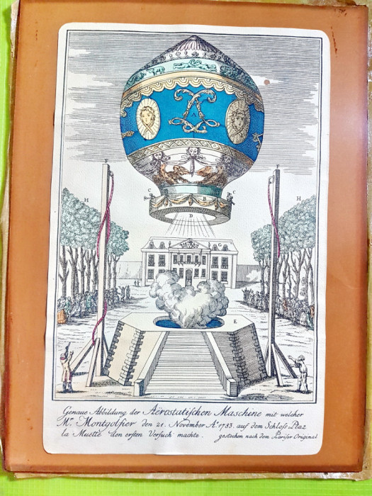 D243-Gravura-lito color veche Balon-Masina aerostatica dupa originalul din 1783.