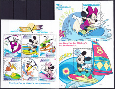 DB Disney Antigua &amp;amp; Barbuda Mickey Surf 70 Ani MS + 2 SS MNH foto