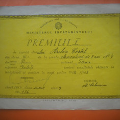 HOPCT DIPLOMA PREMIUL I SCOLAR -1962-1963- NR 83 RPR MINISTERUL INVATAMINTULUI