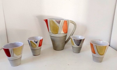 Carafa + 4 pahare de ceramica gresie, Mid Century Modern, Germania, design foto