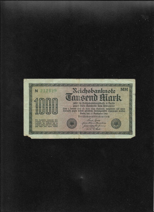 Germania 1000 marci mark 1922 seria212429 uzata serie verde