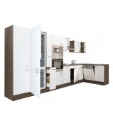 Mobilă de bucătărie de colț Yorki 430, corp din stejar Yorki, față alb satinat, frigider sub blat