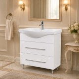 Baza cu lavoar ceramic GN1871, mobilier baie 65 cm, front MDF, 1 sertar, 1 usa, picioare cromate reglabile, manere cromate, alb