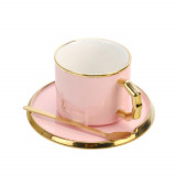 Cumpara ieftin Cana din ceramica si lingurita Pufo Luxury pentru cafea sau ceai, 230 ml, roz