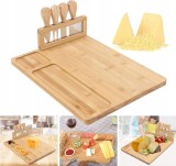 Set Elegant Servire Br&acirc;nzeturi Vilde, Placă Bambus cu Suport, 4 Cuțite Inox, Platou Mezeluri &amp; Gustări, Cadou Ideal