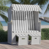 VidaXL Scaun de plajă cu baldachin,gri&amp;alb, poliratan și lemn masiv