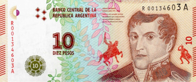 ARGENTINA █ bancnota █ 10 Pesos █ 2016 █ P-360 █ Seria R / A █ UNC █ necirculata foto