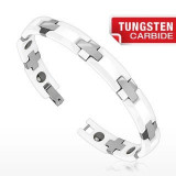 Brăţară din tungsten cu verigi ceramice albe, cruce