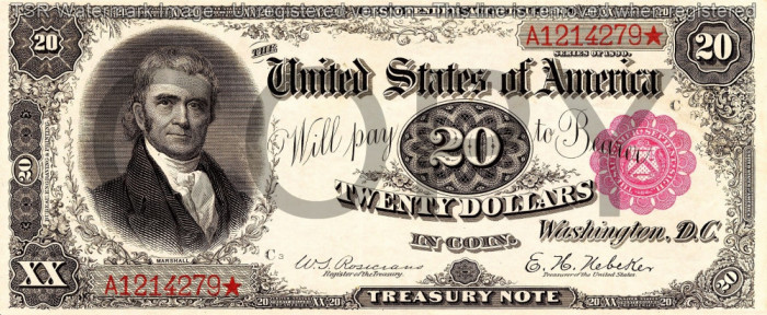 20 dolari 1890 Reproducere Bancnota USD , Dimensiune reala 1:1