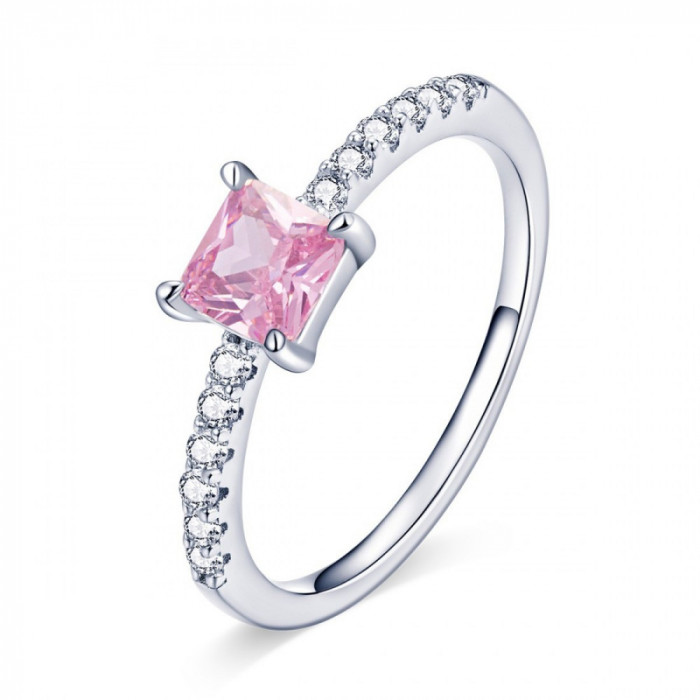 Inel din argint cu piatra roz din zirconiu, Pink Square (Marime inel: 6)