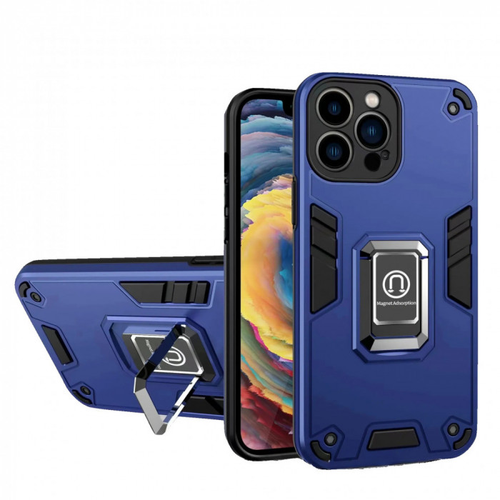 Husa iron warriors pentru iphone 12, flippy, hybrid ring holder kickstand, albastru inchis