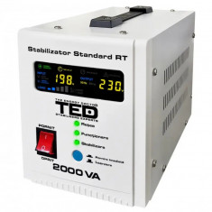 Stabilizator tensiune 1200W 230V cu 2 iesiri Schuko si sinusoidala pura + ecran LCD cu valorile tensiunii, TED Electric