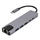 Adaptor Hub Multifunctional 6 In 1 Techstar&reg; ZFZ6IN1B, HDMI 4K, USB-C, 1 X USB 3.0, 1 X USB 2.0, LAN RJ45 Ethernet, Cititor de carduri SD/TF, PD Port,
