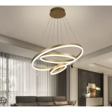 Lustra LED Minimalist Ring, 144W, 3 inele, 60+40+25 cm, Auriu, telecomanda, lumina rece/calda/neutra, intensitate reglabila