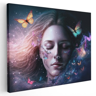 Tablou fantezie portret femeie visand si fluturi albastru 1649 Tablou canvas pe panza CU RAMA 60x80 cm foto