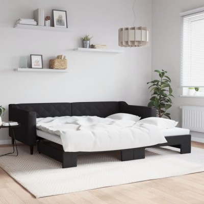 vidaXL Pat de zi cu extensie, negru, 100x200 cm, textil 3197433 foto