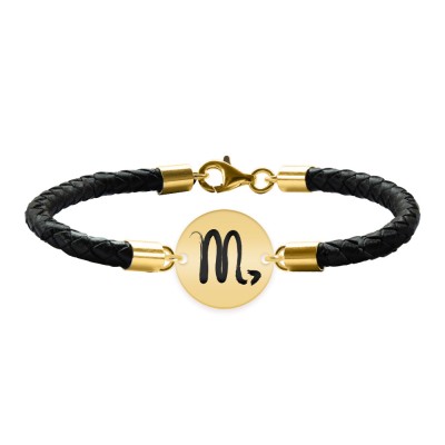 Bratara Premium din piele impletita si banut argint 925 placat cu aur galben 24K personalizat cu zodiac - Scorpion foto