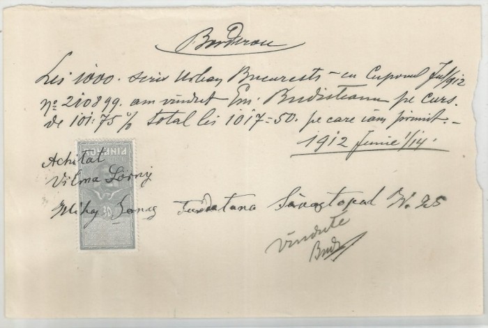 Romania, Borderou, Bucuresti, 1912