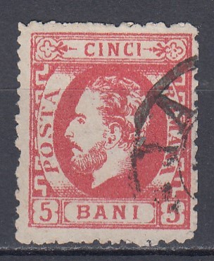 ROMANIA 1872 LP 35 REGELE CAROL I CU BARBA 5 BANI ROSU DANTELAT STAMPILAT