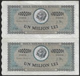 ROMANIA 2 x 1000000 / 1.000.000 LEI 1947 SERII CONSECUTIVE - 16 APRILIE [00] P- 60a , serie Z.1130 / 0567 + 0568 , a UNC