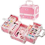 Trusa de machiaj copii WePro Store, 47 elemente pentru Make-Up, geanta cu maner pentru transport, solubile in apa, bratari, unghii false, fard ochi, r