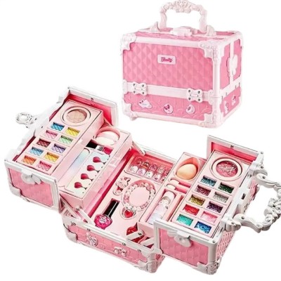 Trusa de machiaj copii WePro Store, 47 elemente pentru Make-Up, geanta cu maner pentru transport, solubile in apa, bratari, unghii false, fard ochi, r foto