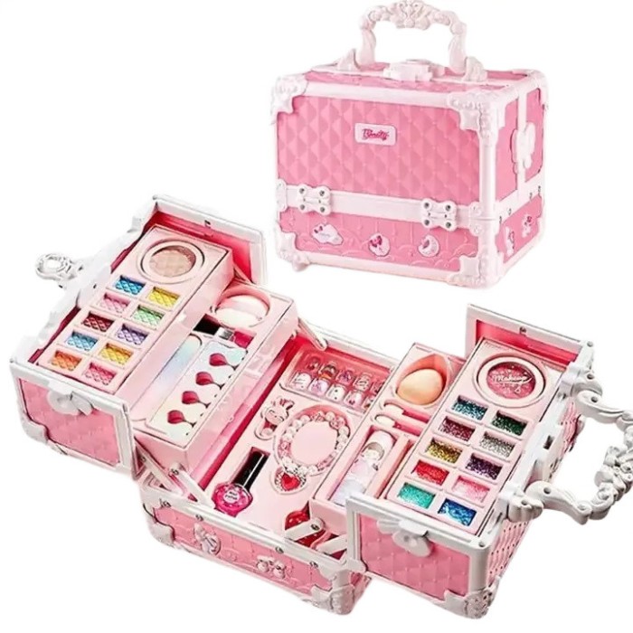 Trusa de machiaj copii WePro Store, 47 elemente pentru Make-Up, geanta cu maner pentru transport, solubile in apa, bratari, unghii false, fard ochi, r