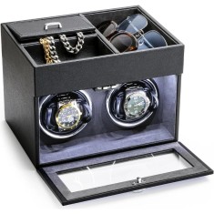 Cutie intors ceasuri iUni, Watch Winder 2 + 3 Compartimente accesorii, Piele ecologica, Negru-Gri