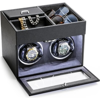 Cutie intors ceasuri iUni, Watch Winder 2 + 3 Compartimente accesorii, Piele ecologica, Negru-Gri foto