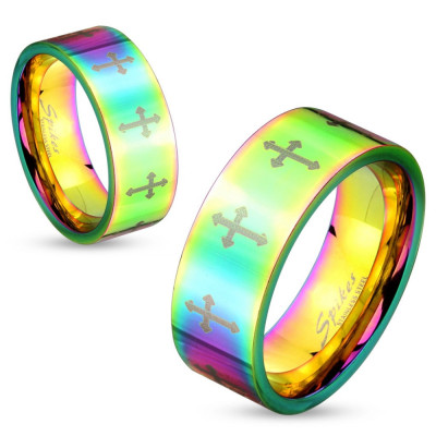 Inel din oțel colorat cu suprafață lucioasă și cruci de culoare argintie, 6 mm - Marime inel: 55 foto