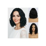 Perucă scurtă neagră ondulată Simkaylee pentru femei, lungime p&acirc;nă la umeri, despărțire la mijloc, bob ondulat (14 inch)