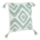 Pernă decorativă cu model geometric 3D, 43x43 cm, albă cu accente verde menta și franjuri, CMCLASS