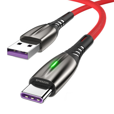 Cablu date LED si incarcare rapida 5A 1m, Emeszon&amp;reg;, Type-C USB transfer date, incarcare telefon tableta, Quick Charge 3.0, rosu foto