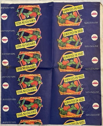 1974 Coala etichete GHIVECI IN ULEI, FRUCTONIL, GIURGIU comunism, comert socialist, conserve, alimentatie publica epoca de aur 55 x 45 cm