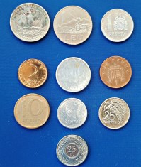 Lot 10 monede straine, romanesti și jetoane, circulate conform foto 26G: Spania Antilele Olandeze Rom&acirc;nia Lituania Trinidad Tobago Israel U.S.A.